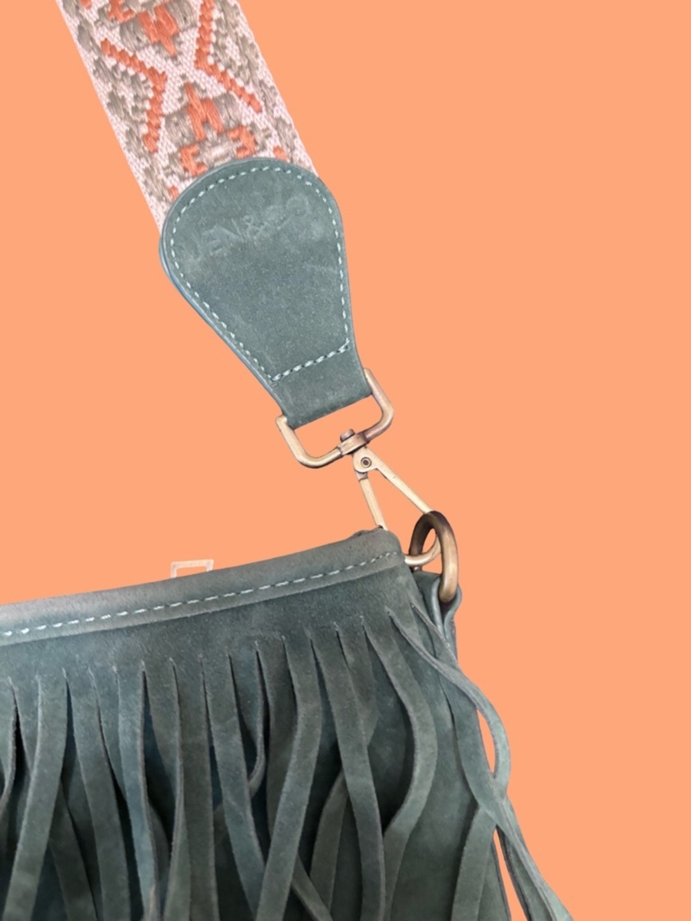 Fringed Suede Crossbody Bag with Patterned Strap - Teal